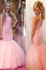 Adorable Mermaid Scoop Tulle Sleeveless Floor Length Homecoming Dress and Lace