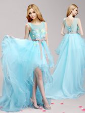  Scoop High Low Lace Up Prom Dress Aqua Blue for Prom and Party with Appliques and Bowknot