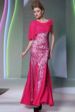  Mermaid Scoop Hot Pink Sleeveless Floor Length Beading Zipper Homecoming Dress