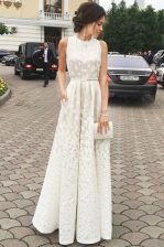  Scoop Lace White Sleeveless Pleated Floor Length Evening Dress