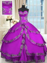 Glorious Purple Taffeta Lace Up Quinceanera Gown Sleeveless Floor Length Beading and Embroidery and Ruffled Layers
