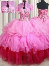 Graceful Rose Pink Quince Ball Gowns Military Ball and Sweet 16 and Quinceanera with Ruffles and Sequins Sweetheart Sleeveless Lace Up