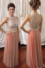  Scoop Sleeveless Floor Length Beading Zipper Prom Evening Gown with Pink