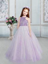 Discount Lilac Ball Gowns Scoop Sleeveless Tulle Floor Length Lace Up Beading Party Dresses