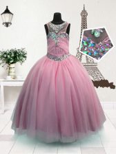  Ball Gowns Little Girls Pageant Dress Pink Scoop Organza Sleeveless Floor Length Zipper