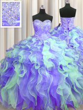  Multi-color Ball Gowns Beading and Appliques and Ruffles Vestidos de Quinceanera Lace Up Organza Sleeveless Floor Length