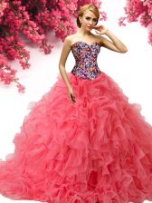 Glorious Coral Red Sweetheart Neckline Beading and Ruffles Quinceanera Gowns Sleeveless Lace Up