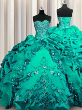  Sequins Dark Green Ball Gowns Sweetheart Sleeveless Taffeta Floor Length Lace Up Beading and Embroidery and Ruffles and Pick Ups Ball Gown Prom Dress
