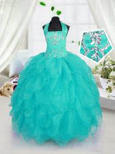 Custom Made Ball Gowns Girls Pageant Dresses Aqua Blue Halter Top Organza Sleeveless Floor Length Lace Up