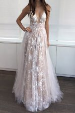 Customized V-neck Sleeveless Prom Dresses Floor Length Lace Champagne Tulle