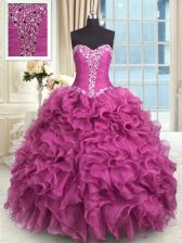 Fantastic Rose Pink Sleeveless Organza Lace Up Quinceanera Gown for Military Ball and Sweet 16 and Quinceanera