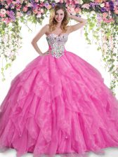  Hot Pink Ball Gowns Beading and Ruffles Quinceanera Dresses Lace Up Organza Sleeveless Floor Length