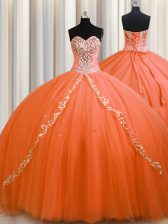 Fitting Brush Train Orange Sleeveless Beading Lace Up Quinceanera Dresses