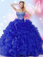 Charming Beading and Ruffles Sweet 16 Dress Royal Blue Lace Up Sleeveless Floor Length