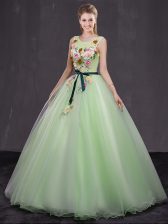 Custom Fit Scoop Floor Length Lace Up Ball Gown Prom Dress Yellow Green for Military Ball and Sweet 16 and Quinceanera with Appliques