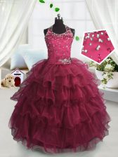 Custom Design Scoop Beading and Ruffled Layers Girls Pageant Dresses Watermelon Red Lace Up Sleeveless Floor Length