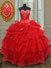 Inexpensive Organza Sweetheart Sleeveless Lace Up Beading and Ruffled Layers and Sequins and Pick Ups 15th Birthday Dress in Red