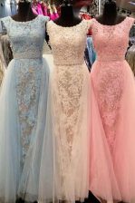 Classical Scoop Sleeveless Sweep Train Beading and Lace Zipper Prom Gown