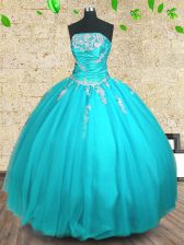 Free and Easy Aqua Blue Ball Gowns Tulle Strapless Sleeveless Appliques and Ruching Floor Length Lace Up 15 Quinceanera Dress
