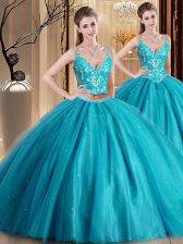 Pretty Beading and Lace and Appliques 15th Birthday Dress Teal Lace Up Sleeveless Floor Length