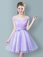  V-neck Cap Sleeves Damas Dress Knee Length Ruching and Bowknot Lavender Tulle