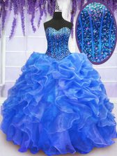 Sexy Floor Length Lace Up Sweet 16 Dresses Blue for Military Ball and Sweet 16 and Quinceanera with Beading and Ruffles