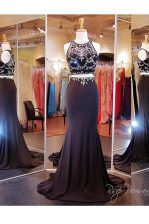 Artistic Scoop With Train Zipper Prom Gown Black for Prom and Party with Beading and Appliques Brush Train