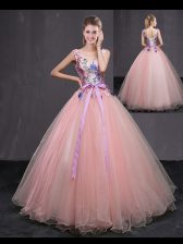  Floor Length Ball Gowns Sleeveless Baby Pink Quinceanera Gown Lace Up