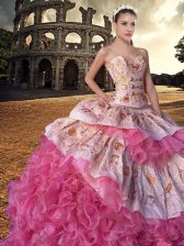  Sleeveless With Train Embroidery and Ruffles Lace Up Vestidos de Quinceanera with Pink And White Court Train