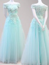  Light Blue Off The Shoulder Zipper Beading and Appliques Prom Dresses Cap Sleeves