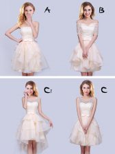 Fashion Champagne Organza Lace Up Strapless Sleeveless Mini Length Quinceanera Dama Dress Lace and Ruffles and Belt