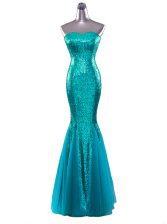 Extravagant Mermaid Floor Length Zipper Dress for Prom Turquoise for Prom and Party with Sequins