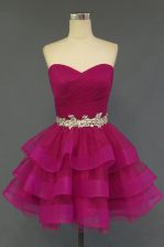 Deluxe Knee Length Lace Up Prom Gown Fuchsia for Prom and Party with Beading and Ruffled Layers