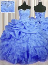  Blue Ball Gowns Organza Sweetheart Sleeveless Beading and Ruffles and Ruching and Pick Ups Floor Length Lace Up Quince Ball Gowns