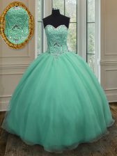  Sleeveless Organza Floor Length Lace Up Sweet 16 Dress in Apple Green with Beading