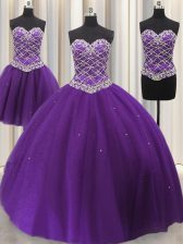 High Quality Three Piece Eggplant Purple Lace Up Sweet 16 Quinceanera Dress Beading and Sequins Sleeveless Floor Length