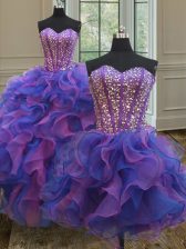 Free and Easy Three Piece Blue and Purple Sleeveless Organza Lace Up Quinceanera Dresses for Military Ball and Sweet 16 and Quinceanera