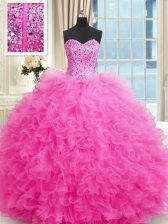  Hot Pink Ball Gowns Beading and Ruffles Quince Ball Gowns Lace Up Tulle Sleeveless Floor Length