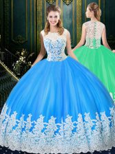 Eye-catching Baby Blue Ball Gowns Scoop Sleeveless Tulle Floor Length Zipper Lace and Appliques Vestidos de Quinceanera