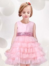 Dramatic Scoop Baby Pink Sleeveless Mini Length Ruffled Layers and Sequins and Bowknot Zipper Flower Girl Dress