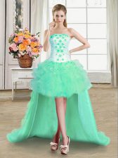 Stylish Turquoise Ball Gowns Tulle Strapless Sleeveless Beading and Appliques and Ruffles High Low Lace Up Prom Dresses