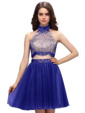 Extravagant Blue Zipper Homecoming Dress Beading Sleeveless Mini Length