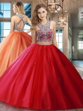Fashionable Red Tulle Criss Cross Scoop Sleeveless With Train 15th Birthday Dress Brush Train Beading and Appliques