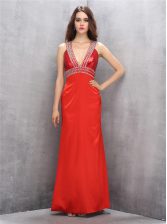 Modest Empire Prom Dresses Coral Red V-neck Satin Sleeveless Floor Length Criss Cross