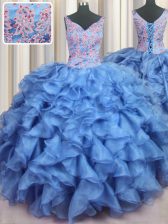 Romantic Ruffled Baby Blue Ball Gowns V-neck Sleeveless Organza Floor Length Lace Up Appliques and Ruffles Sweet 16 Dress