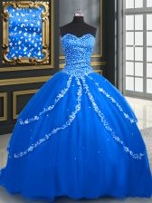 Custom Fit Blue Ball Gown Prom Dress Military Ball and Sweet 16 and Quinceanera with Beading and Appliques Sweetheart Sleeveless Brush Train Lace Up