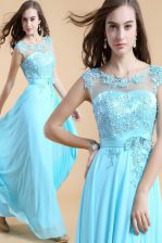  Chiffon Scoop Sleeveless Zipper Appliques Prom Gown in Aqua Blue