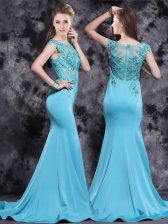  Aqua Blue Mermaid Satin Scoop Cap Sleeves Appliques With Train Zipper Dress for Prom Brush Train