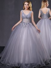 Exceptional Grey Lace Up Sweet 16 Dresses Appliques Sleeveless Floor Length