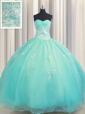  Zipper Up Aqua Blue Ball Gowns Sweetheart Sleeveless Organza Floor Length Zipper Beading and Appliques 15th Birthday Dress